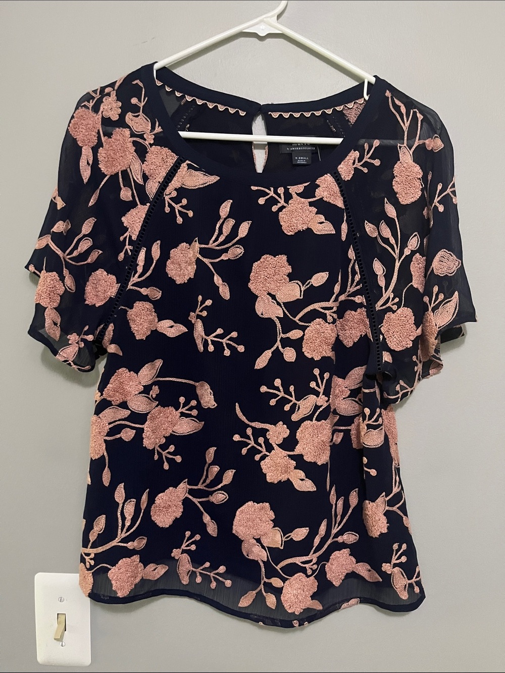 NWT Anthropologie Maeve Navy Blouse with Pink Floral Appliqué